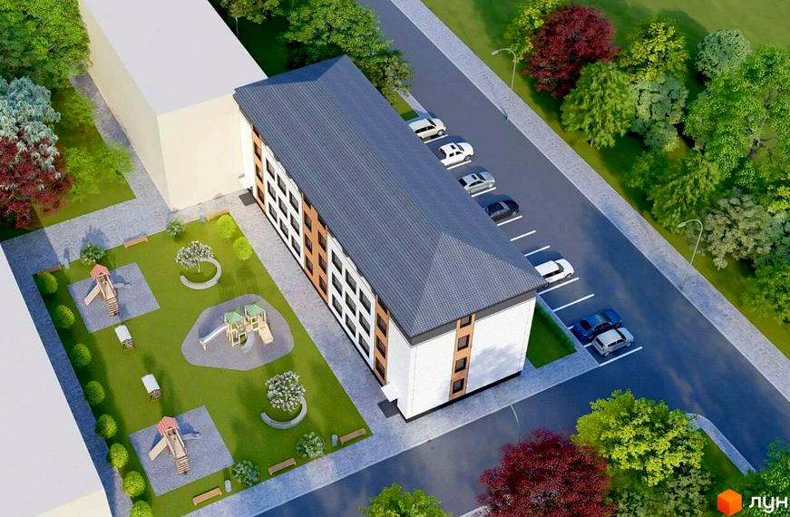 Зображення будинку Житлового комплексу Smart House з облаштованим подвір'ям та дитячим майданчиком. Вигляд зверху на парковку біля будинку.