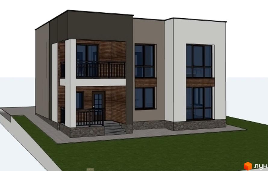 Зображення фасаду двоповерхового будинку на вулиці Лісова. Навколо будівлі зелений газон.