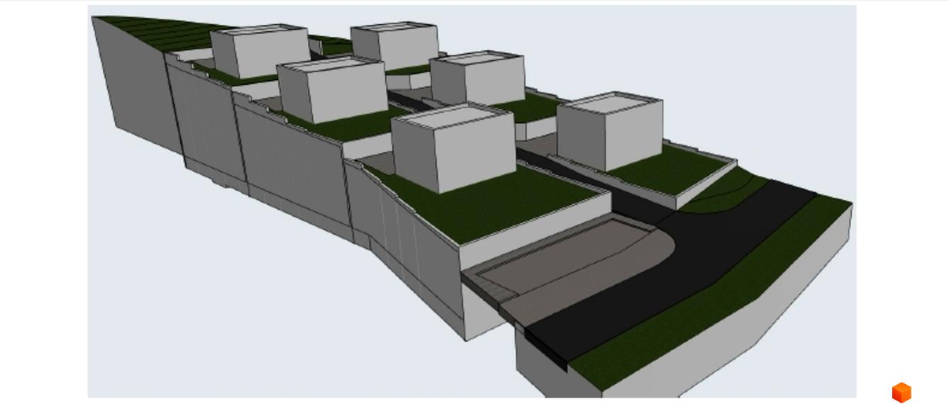 Зображення Житлового комплексу на вулиці Лісова. На фото будинок з терасами та зеленими насадженнями на даху, поруч дорога.