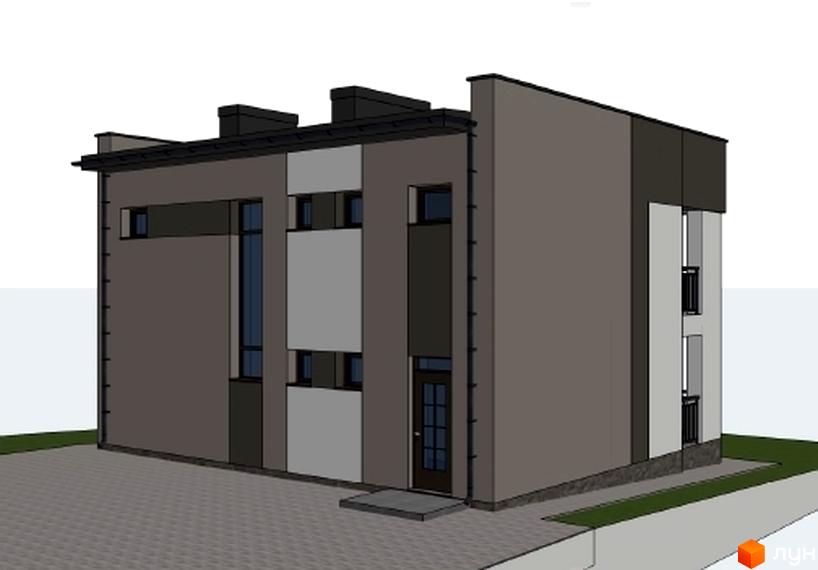 Зображення будинку на вулиці Лісова. Фасад будинку виконаний у сірих тонах, поруч розташована прибудинкова територія.