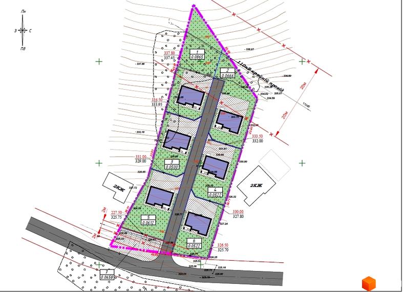 План забудови житлового комплексу з типовими будинками та ділянками. Навколо новобудови зелена зона та дорога.