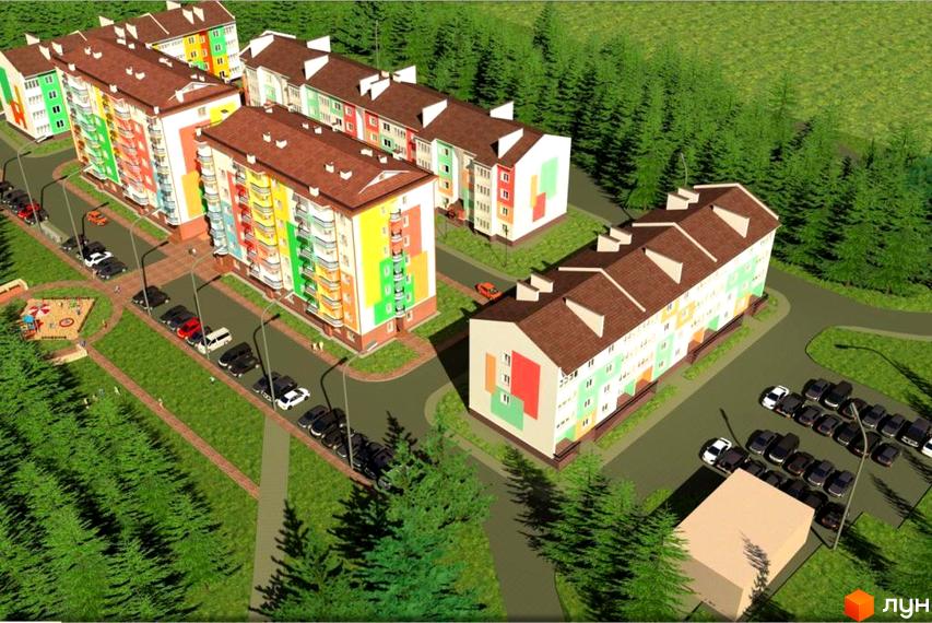 Житловий комплекс Ягода. Багатоквартирні будинки з різнокольоровими фасадами та коричневими дахами. Поруч розташовані парковки, дитячий майданчик та зелені насадження.