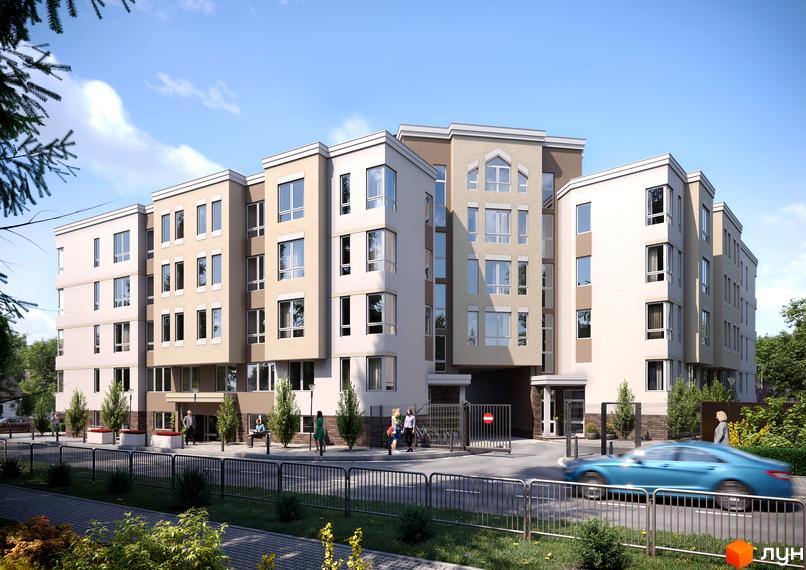 Зображення фасаду Житлового комплексу Lantana з великими вікнами та прибудинковою територією. Перед будинком зелені насадження та пішохідна зона.