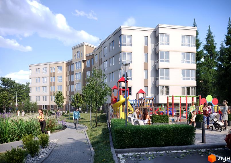 Зображення Житлового комплексу Lantana з фасадом та облаштованим подвір'ям з дитячим майданчиком і пішохідною зоною.