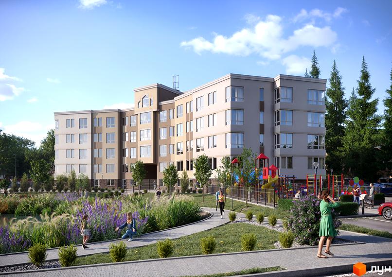 Зображення фасаду та прибудинкової території Житлового комплексу Lantana. На передньому плані пішохідна алея та зелені насадження.