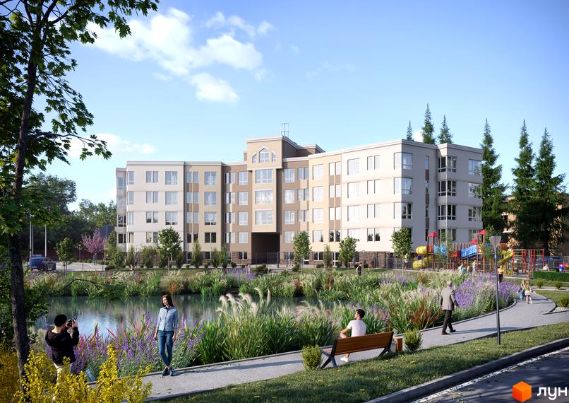 Житловий комплекс Lantana з багатоповерховими будинками та доглянутою прибудинковою територією з озером та дитячим майданчиком.