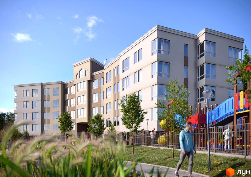 Зображення фасаду та прибудинкової території Житлового комплексу Lantana. На задньому плані дитячий майданчик.