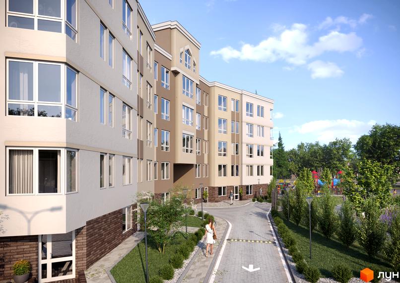 Зовнішній вигляд житлового комплексу Lantana з фасадами світло-бежевого та сірого кольорів, вікнами великого розміру та прибудинковою територією з зеленими насадженнями та дитячим майданчиком.