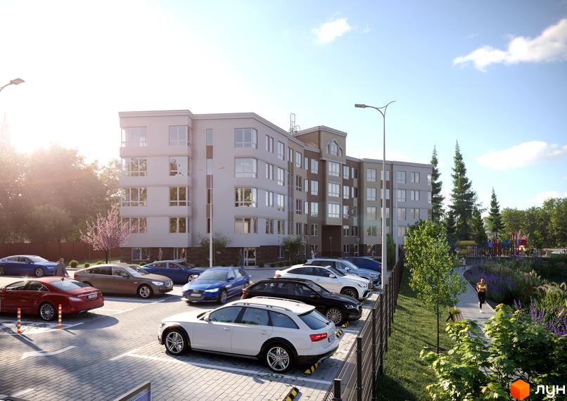 Зображення фасаду Житлового комплексу Lantana та припаркованих автомобілів. Поруч зелена зона з пішохідними доріжками.