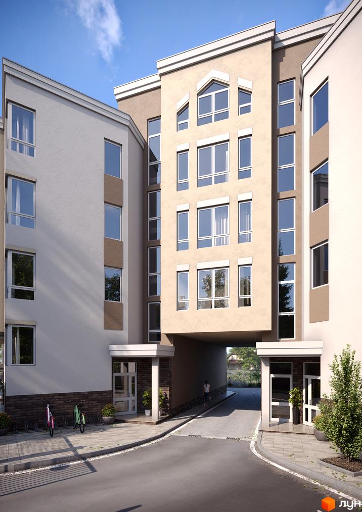 Зображення фасаду та прибудинкової території Житлового комплексу Lantana. Вигляд новобудови ззовні та пішохідна зона.