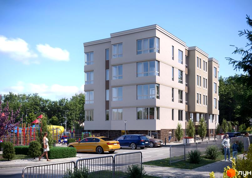 Зображення фасаду Новобудови Lantana з великими вікнами та прибудинковою територією з парковкою, тротуаром та дитячим майданчиком.