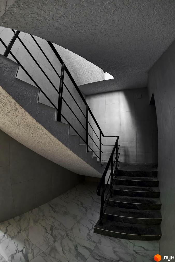 Сходи з чорними поручнями в Житловому комплексі Оселя Парк. Вигляд на сходи з мармуровою підлогою та світлими стінами.