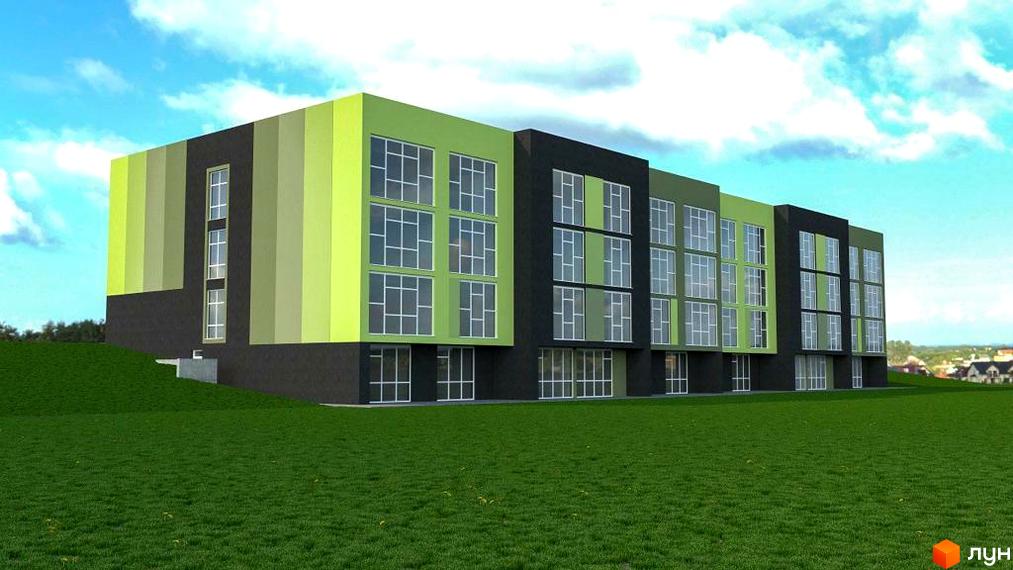 Зовнішній вигляд будинку в Житловому комплексі Арден Курортний з великими вікнами та зеленою прибудинковою територією.