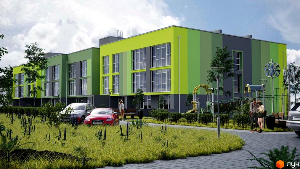 Зовнішній вигляд Житлового комплексу Arden Kurortnyy. Багатоповерховий будинок з яскравим фасадом та великими вікнами, поруч зелена територія.