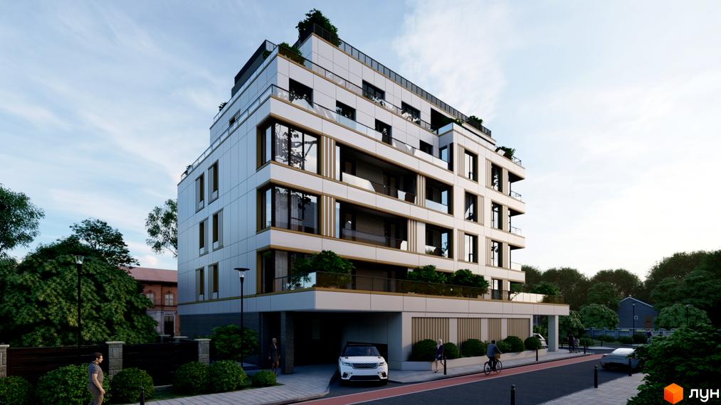 Житловий комплекс Озера Йозефа має світлий фасад з великими вікнами та озелененими терасами, оточений зеленню та вулицею з пішоходами.