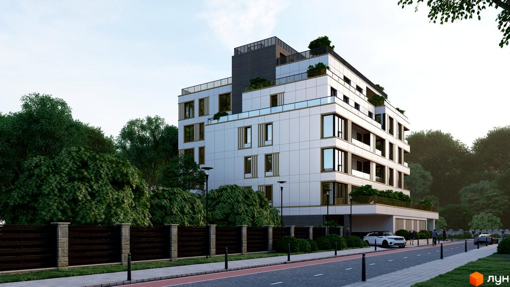 Житловий комплекс Озера Йозефа з білим фасадом, великими вікнами та зеленими терасами на даху. Навколо будинку зелені насадження, дорога та пішохідна зона.