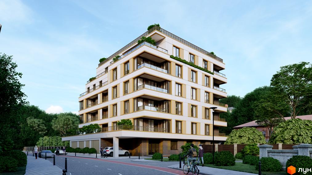 Житловий комплекс Озера Йозефа: багатоповерховий будинок з балконами та терасами, облаштована прибудинкова територія з деревами та тротуарами.