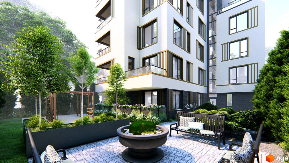 Зображення ЖК Озера Йозефа. Біла будівля з панорамними вікнами, терасами та декоративними елементами. На території: зелені насадження, лавки та декоративний фонтан.