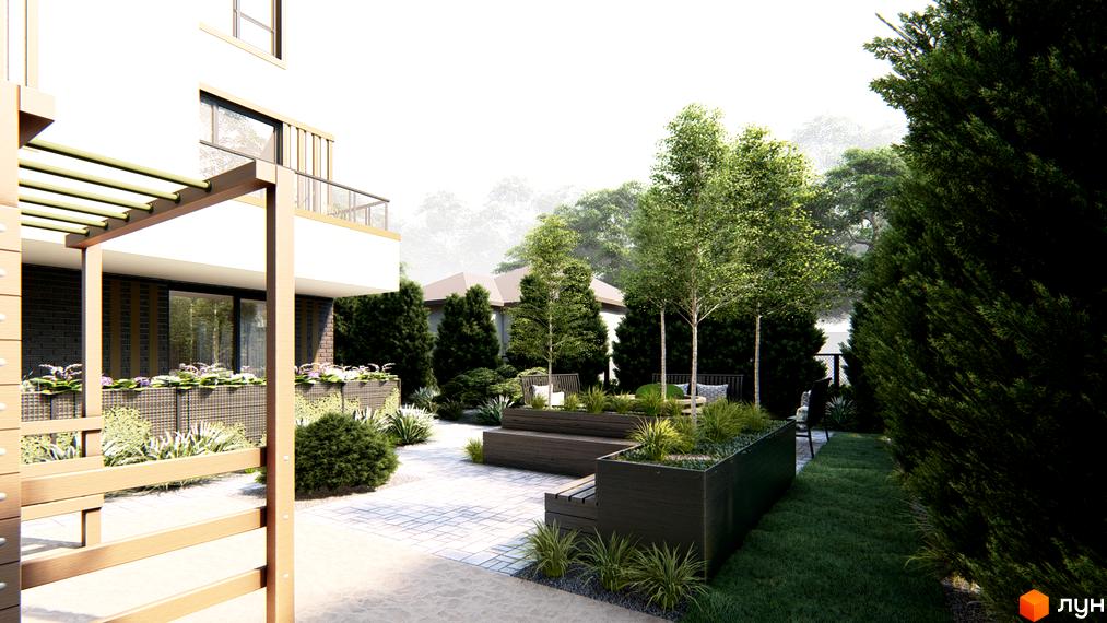 Фасад Житлового комплексу Озера Йозефа світлого кольору з балконами. Прибудинкова територія має зелені насадження, доріжки та зони відпочинку.