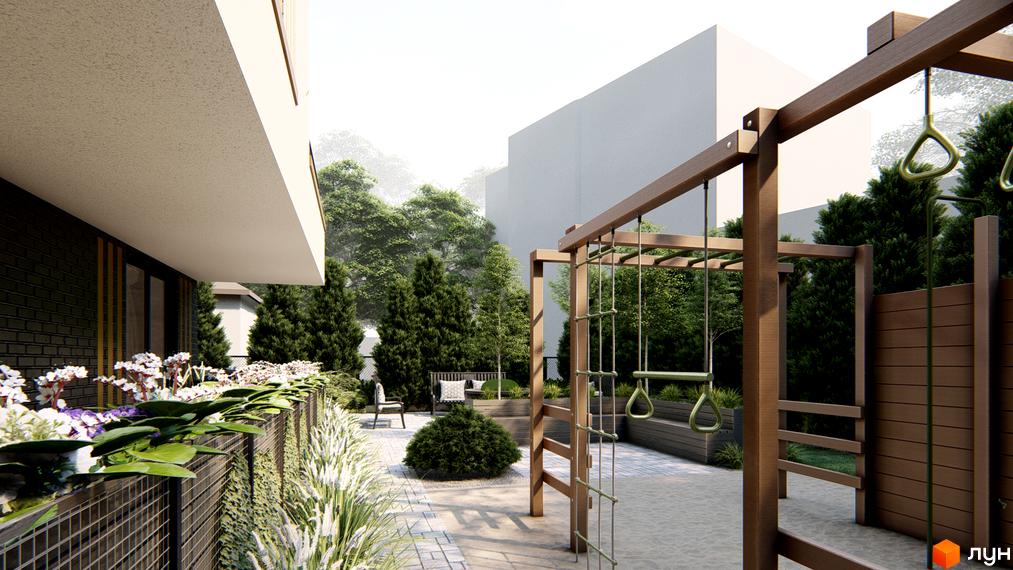 Фасад будинку Житлового комплексу Озера Йозефа з темної цегли та світлим навісом. На території облаштований дитячий майданчик та зелені насадження.