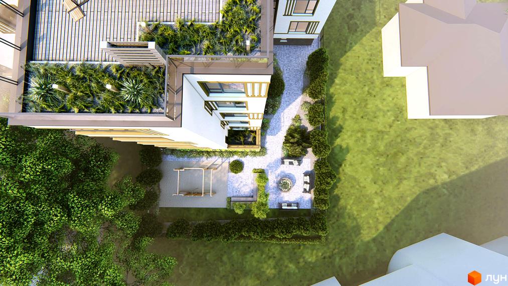 Житловий комплекс Озера Йозефа з білими фасадами, зеленим дахом та внутрішнім двором з зонами відпочинку та дитячим майданчиком.