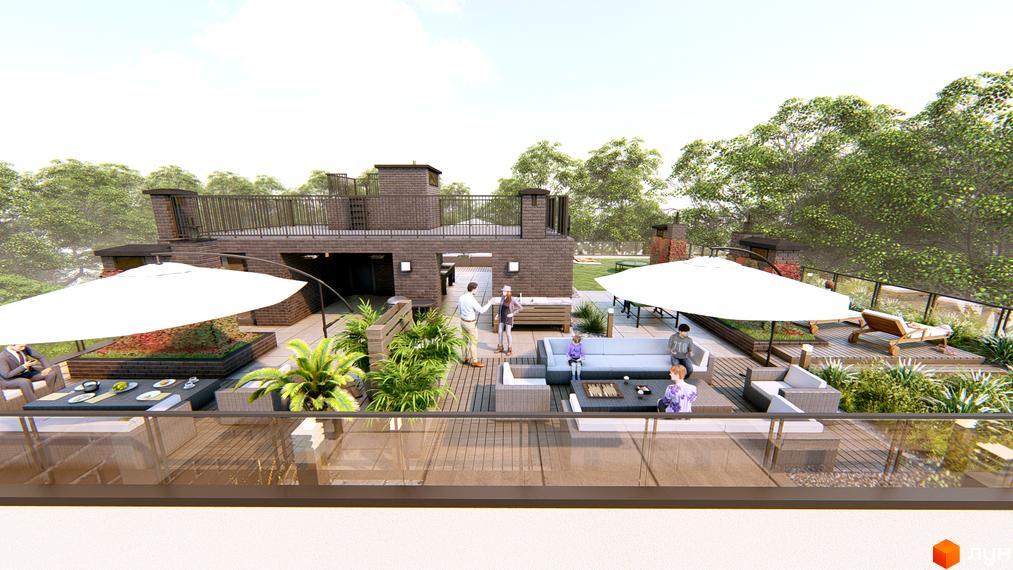 Житловий комплекс Озера Йозефа з терасами та зоною відпочинку на даху. Цегляна будівля з великими вікнами та озелененням на прибудинковій території.