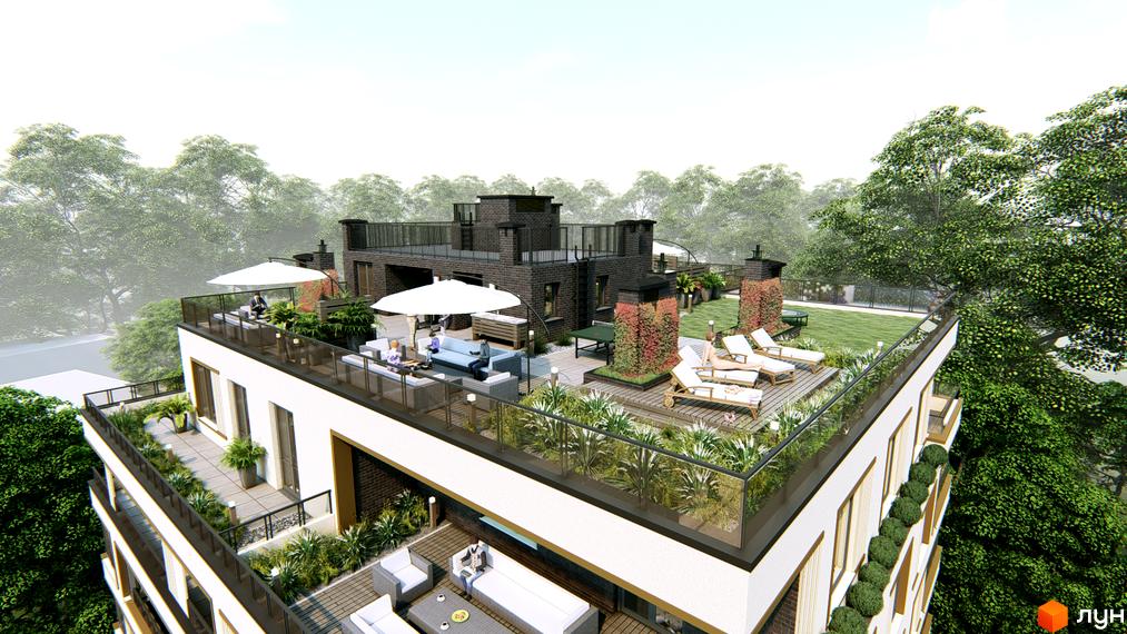 Житловий комплекс Озера Йозефа з терасою на даху, де облаштовано зону відпочинку з шезлонгами та диванами. На території багато зелені.