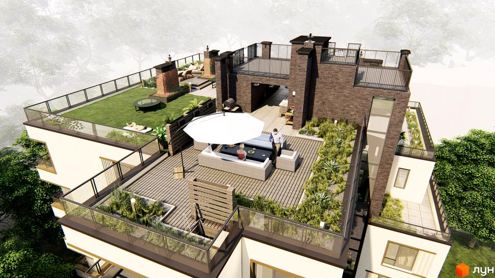 Вид на терасу в Будівельний проєкт Озера Йозефа. На терасі розташовані зони відпочинку, зелені насадження, та місця для прийому гостей.