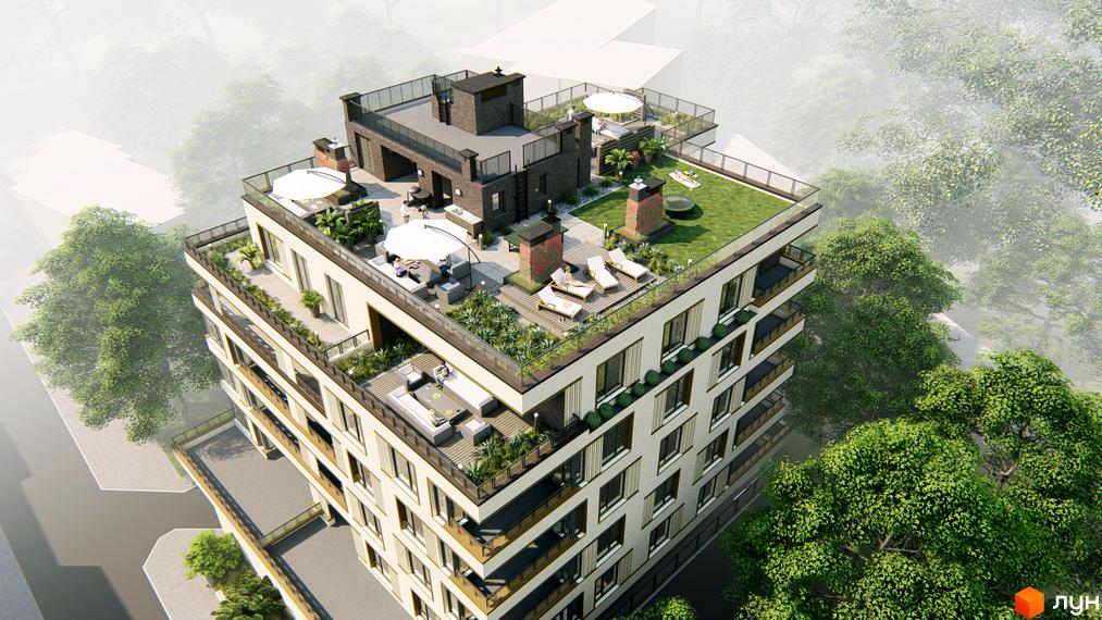 Вигляд багатоповерхового будинку ЖК Озера Йозефа з терасами на даху, озелененням та зоною відпочинку. Архітектура з великими вікнами та балконами.