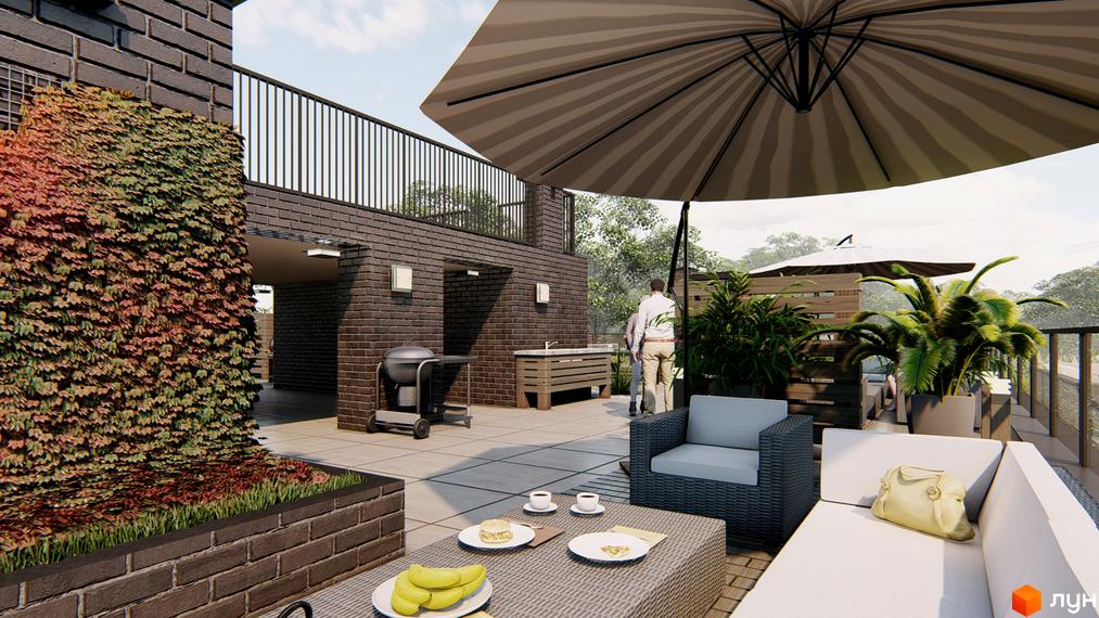 Фасад Житлового комплексу Озера Йозефа з темно-коричневої цегли та плющем. На терасі облаштована зона відпочинку з меблями, грилем та рослинами.