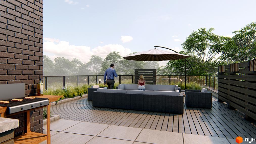 Цегляна стіна Житлового комплексу Озера Йозефа та простора тераса з дерев'яним настилом, зоною відпочинку та барбекю.