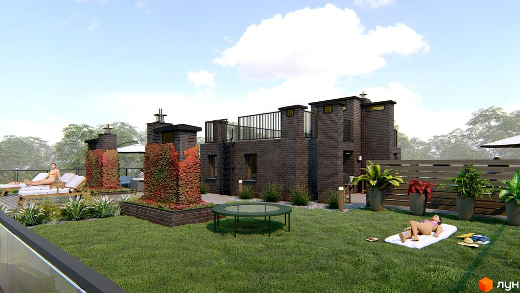 Житловий комплекс Озера Йозефа з терасою та зоною відпочинку. Цегляний будинок з газоном, рослинами та басейном.