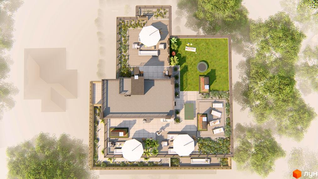 Житловий комплекс Озера Йозефа: панорамний вид на будівлю з облаштованою терасою на даху, де є зони відпочинку та зелені насадження.