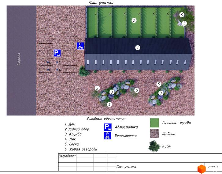 План ділянки з будинком, заднім двором, клумбами, соснами та живою огорожею. Також наявні автостоянка, велостоянка та газонна трава.