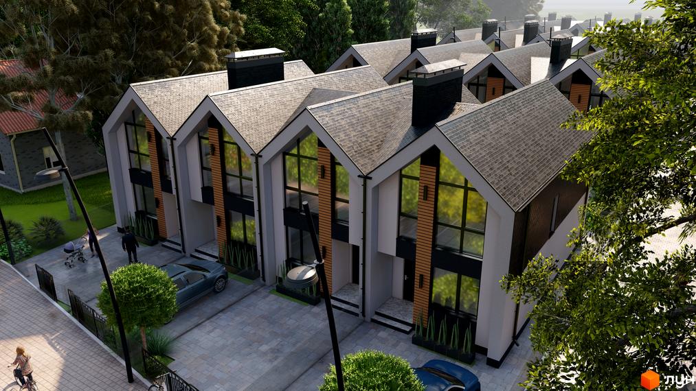 Зовнішній вигляд таунхаусів Well Home з великими вікнами та темними дахами. На прибудинковій території розташовані автомобілі та зелені насадження.