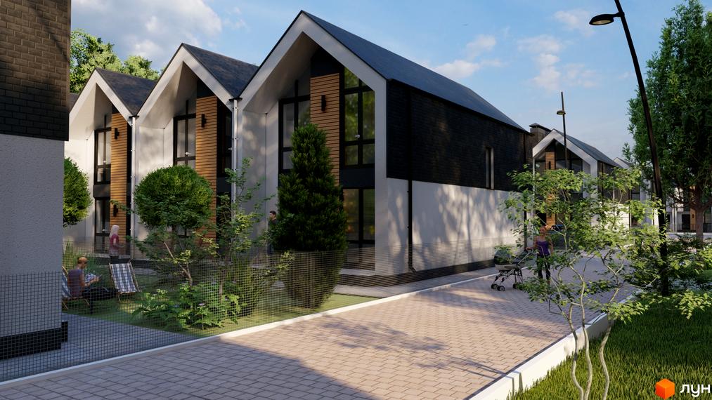 Таунхауси Well Home з двома поверхами та скатними дахами, оздоблені білою штукатуркою та чорними панелями. Перед будинками розташована брукована доріжка та зелена зона з деревами.