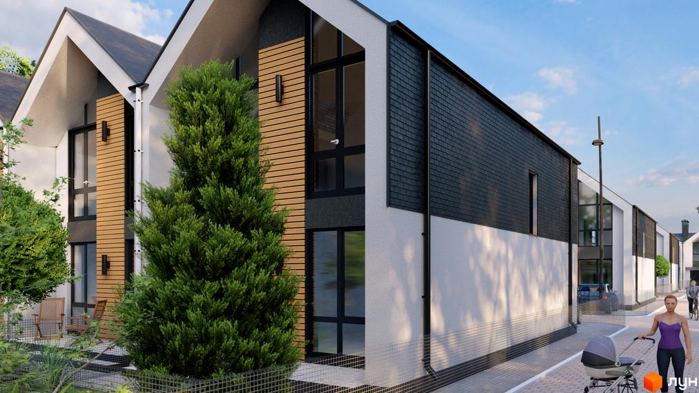 Таунхауси Well Home з фасадами з дерева та темної плитки, з великими вікнами та доглянутою прибудинковою територією. На зображенні видно алею з дитячим візочком та людьми.