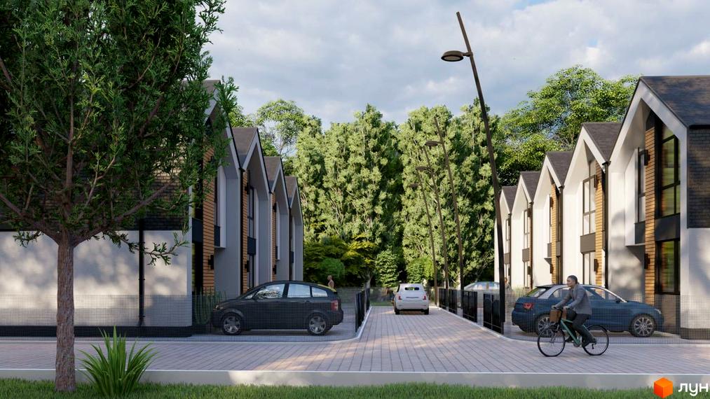 Зображення таунхаусів Well Home з прибудинковою територією. На передньому плані видно дорогу та автомобілі.