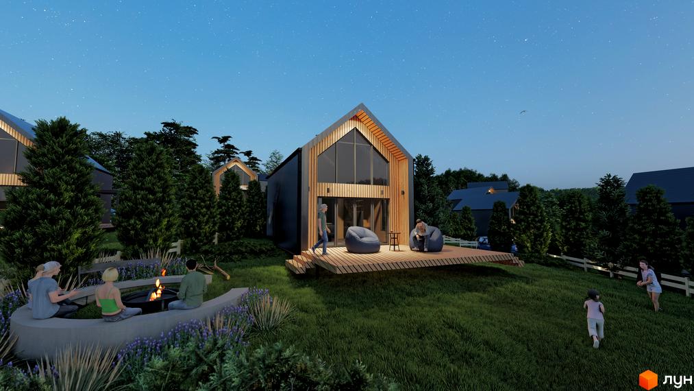 Котеджне містечко Схили: дерев'яні фасади будинків з великими вікнами, тераси з кріслами-мішками, зони відпочинку біля вогнища та дитячі майданчики.