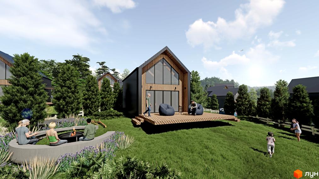 Котеджне містечко КМ Схили: сучасні будинки з великими вікнами та дерев'яними елементами на тлі зелених схилів та дерев. На території облаштований простір для відпочинку біля вогнища.