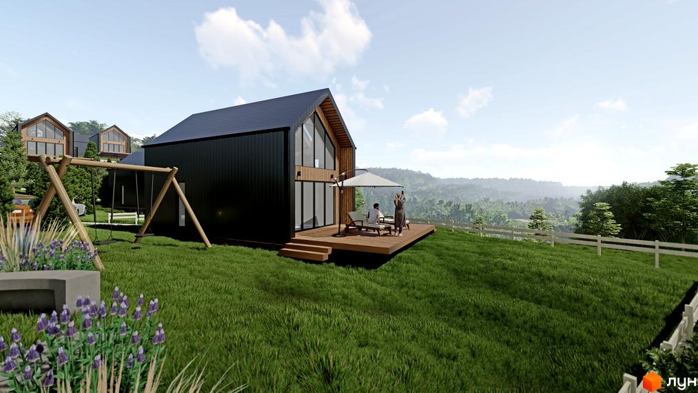 Котеджне містечко Схили: двоповерхові будинки з чорним фасадом та дерев'яними елементами, терасою, зоною відпочинку та гойдалкою на зеленому схилі.