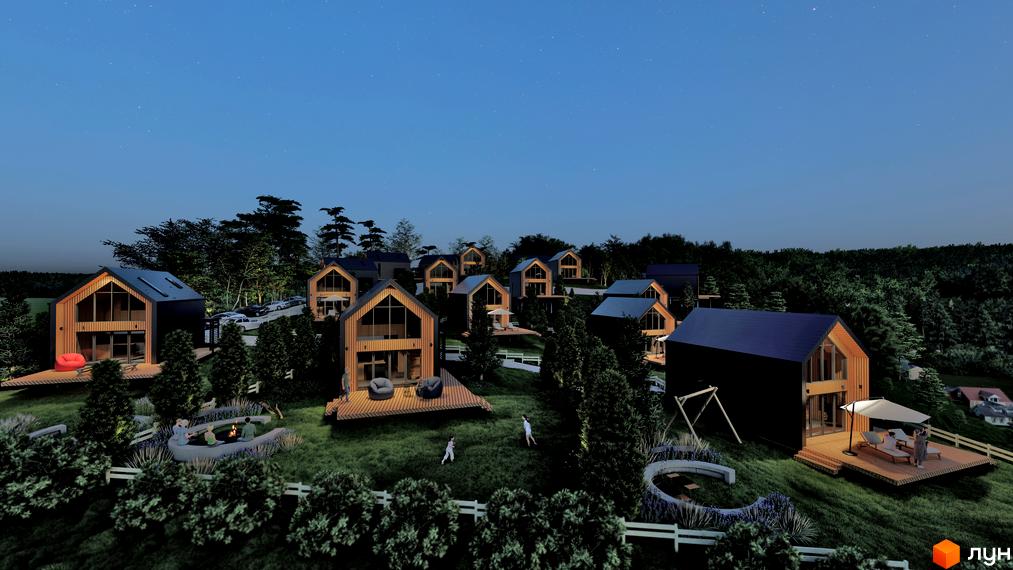 Котеджне містечко Схили: дерев'яні будинки з темними дахами на схилі пагорба, огороджена територія з зонами відпочинку та ландшафтним дизайном.