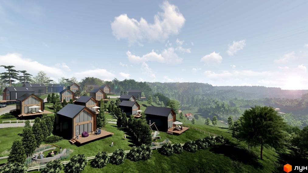 Котеджне містечко Схили: сучасні будинки з панорамними вікнами та терасами, розташовані на схилі пагорба серед зелені. Доглянута прибудинкова територія з зонами відпочинку.