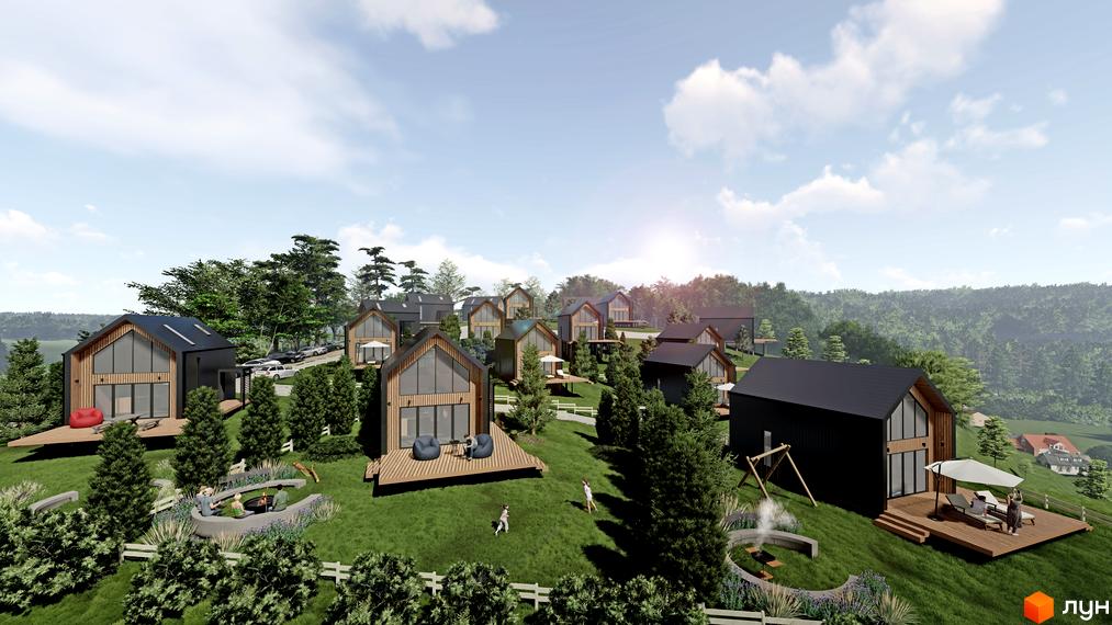 Котеджне містечко Схили: сучасні будинки з дерев'яними елементами на схилі пагорба з зонами відпочинку та дитячим майданчиком.