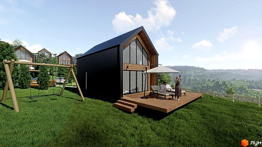 Котеджне містечко Схили: чорний будинок з панорамними вікнами та дерев'яною терасою, поруч гойдалка та зелений газон.