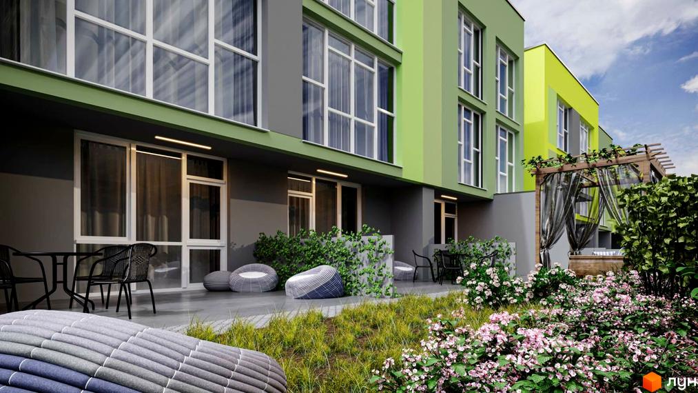 Зображення фасаду та прибудинкової території Житлового комплексу Arden Курортний. На території є зелені насадження та місця для відпочинку.