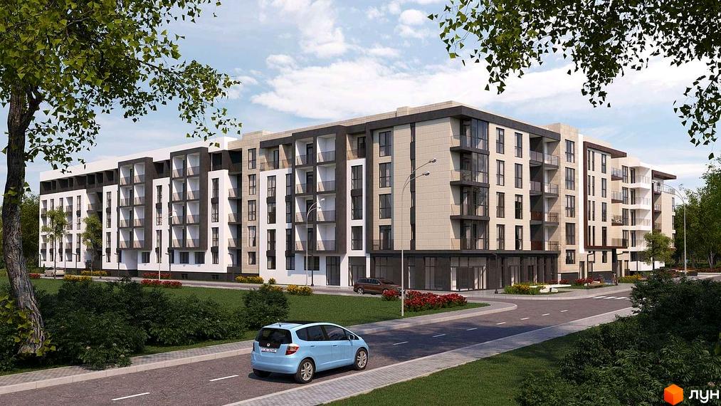 Зовнішній вигляд житлового комплексу CONTINENT STYLE з балконами та великими вікнами, на тлі зелені та дороги з автомобілями.