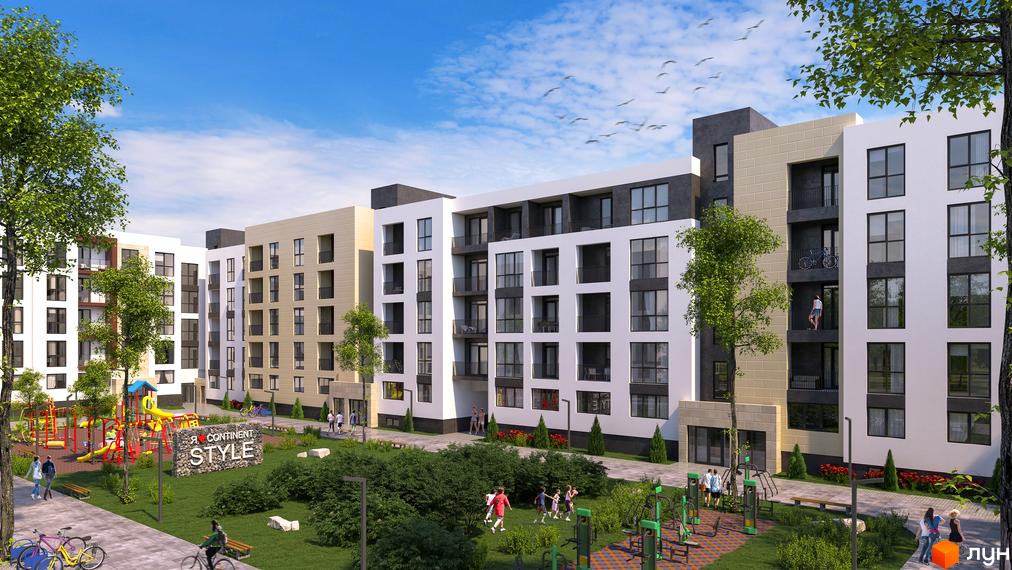 Новобудова ЖК CONTINENT STYLE з білими та бежевими фасадами, балконами та великими вікнами. На прибудинковій території дитячий майданчик, спортивні тренажери та зелені насадження.