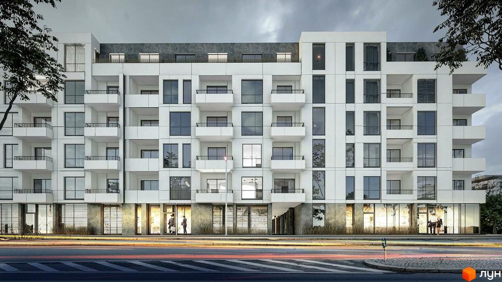 Зображення фасаду Новобудови Art29 з балконами та великими вікнами. На передньому плані пішохідний перехід та проїжджа частина.