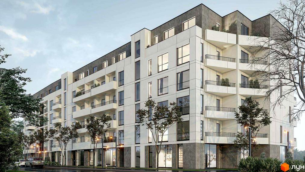 Зображення фасаду Новобудови Art29 з великими вікнами та балконами. Навколо будинку ростуть дерева, видно частину дороги.